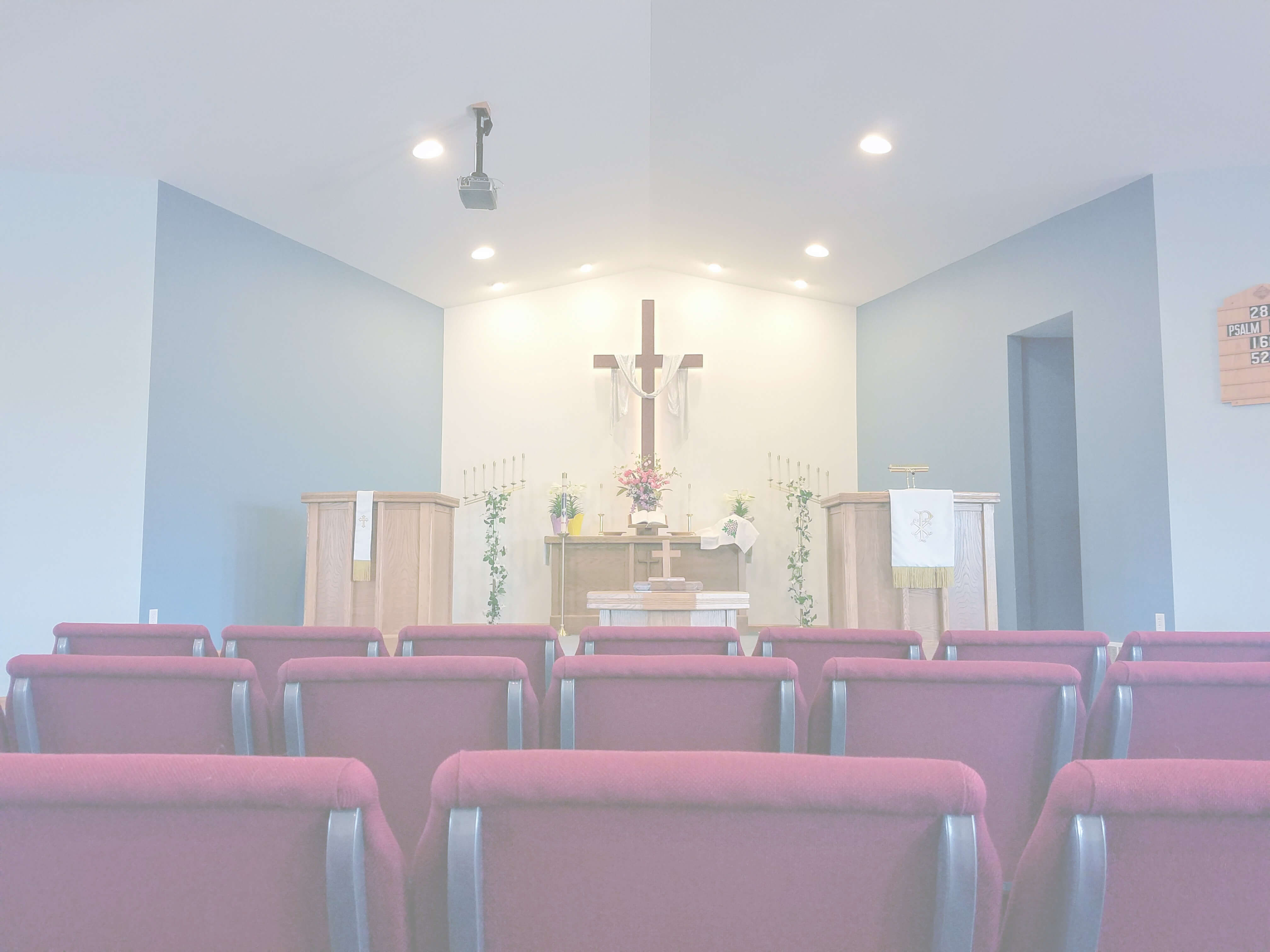 A picture of the front of the chapel showing the altar decorated for Easter